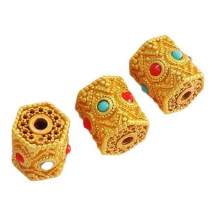 18K哑金保色红绿锆石圆柱镂空花纹圆扁珠DIY手链项链配珠隔珠串珠