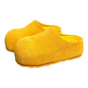 磨砂牛皮松糕厚底大头勃肯鞋女复古真皮增高一脚蹬懒人包头半拖鞋