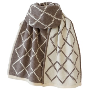 FEY TIY 小香风菱形格双面围巾披肩女百搭秋冬保暖针织仿羊绒围脖