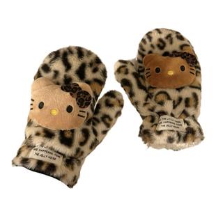 可爱豹纹黑皮猫毛绒手套女冬天加绒加厚保暖骑车挂脖连指手套韩版