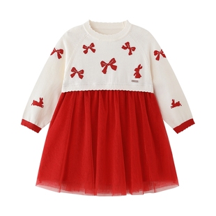 英氏女童连衣裙长袖公主裙可爱蓬蓬裙女宝宝生日红色拜年新年裙子