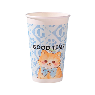 卡通猫咖啡纸杯500只一次性奶茶纸杯冷热饮700ml加厚外卖杯子带盖