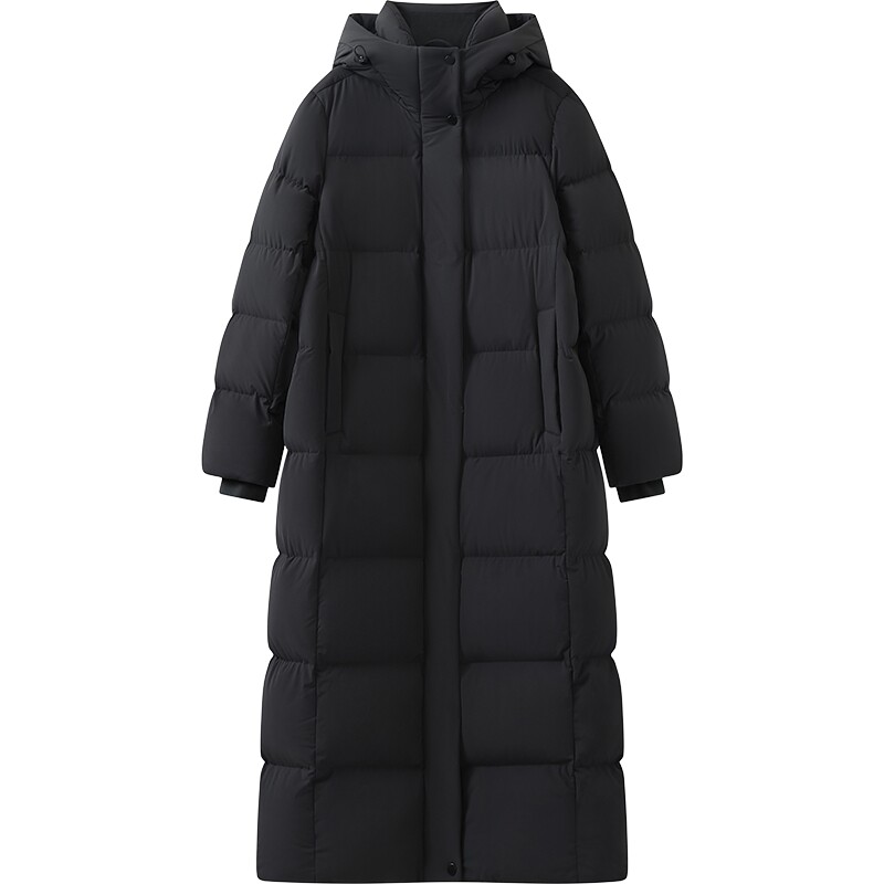 播冬季抗寒长款鸭绒连帽羽绒服女冬黑色通勤防寒外套DDS4RD5123