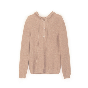 诗梦女装秋冬羊毛休闲连帽针织衫单排扣修身显瘦百搭驼色灰色毛衣