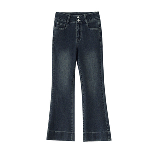 蓝灰色微喇牛仔裤女春季新款大码胖mm显瘦高腰梨形身材喇叭马蹄裤