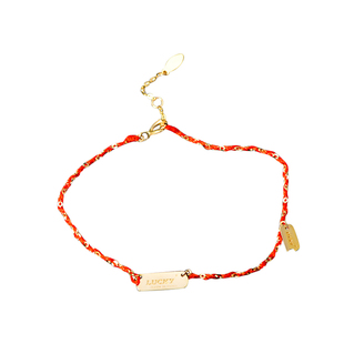 韩国流行14K黄金手链女 本命年红绳方牌刻字母幸运彩金手饰潮礼物