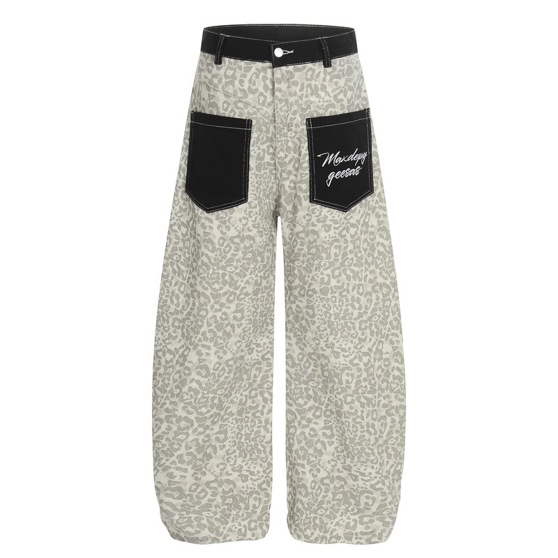 美式复古豹纹宽松阔腿牛仔裤