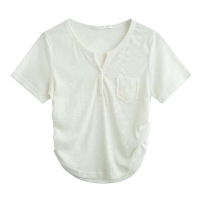 纯棉V领纽扣不规则短款辣妹小衫