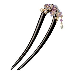 红色发簪U型黑檀木国风步摇过年喜庆新中式簪子双钗旗袍配饰发钗