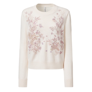 VGRASS维格娜丝春季软糯羊绒羊毛精致嵌提绣花艺术针织衫套头毛衣