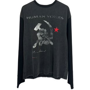 Human Voices抵抗之声水洗做旧贴布刺绣印花黑灰拼接长袖圆领T恤