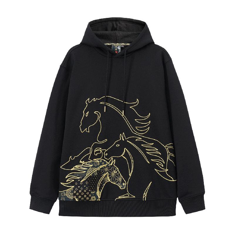 ONIARAI/鬼洗26春新品泥棒蓝马剪影拼花布刺绣连帽卫衣男 26NOB53