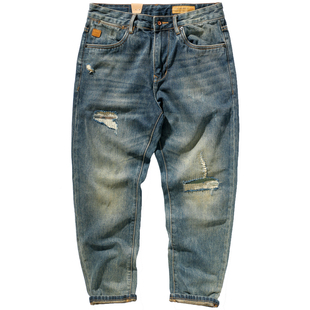 补丁牛仔裤男破洞贴布直筒潮颓废系刷白猫须做旧锥形直筒牛仔长裤