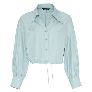 IDPAN淡人女装衬衫春季新款设计感显瘦长袖短款衬衣气质v领棉上衣