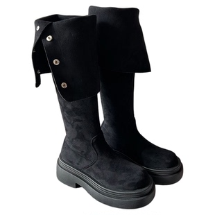 归国女爱豆~小个子过膝靴子女粗跟长筒靴厚底增高高筒骑靴马丁靴