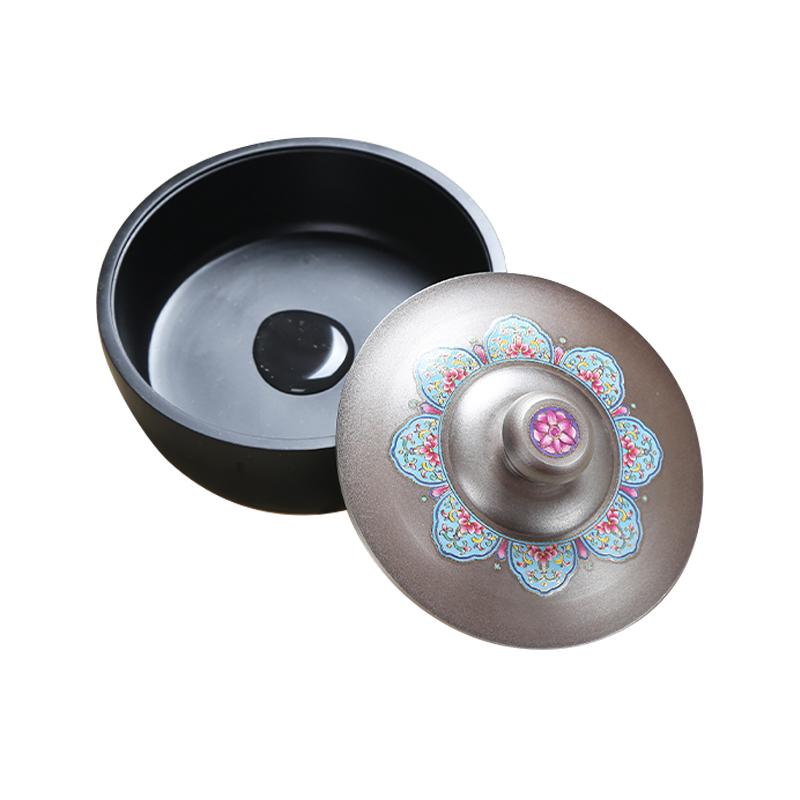 宣品书房吉祥锡盖墨海文房四宝砚台宣砚圆形砚带盖不易干墨书法国画练字小楷多功能创意便携砚台高档墨池