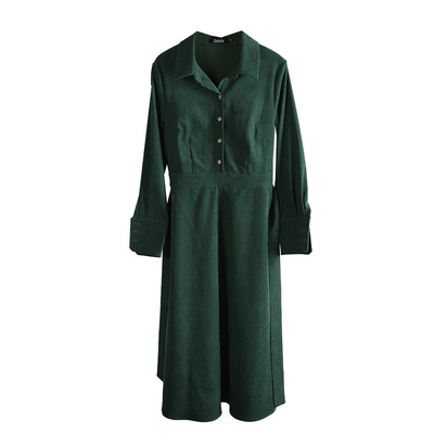 墨绿色磨毛灯芯绒衬衫连衣裙秋冬