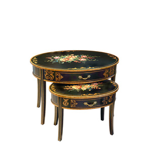 卡斯特兰实木手绘圆形双层茶几客厅沙发边移动组合边几圆桌C2361