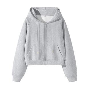 班尼路S&K系列灰色连帽卫衣女秋季新款休闲宽松短款拉链开衫外套Q