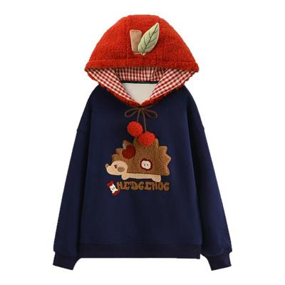 森女部落甜美萌趣刺绣宽松连帽卫衣女2025新款百搭保暖加绒外套冬