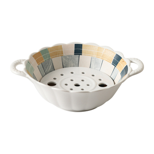 沥水陶瓷碗双耳水果碗带陶瓷沥水片多功能组合使用烤箱微波炉蒸碗