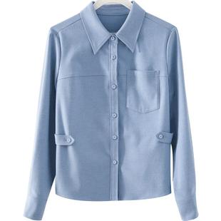 娅丽达法式高级长袖收腰磨毛衬衫女冬季新款好看上衣加厚蓝色衬衣