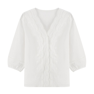 Basic House/百家好轻奢重工钩花白色衬衫泡泡袖花边V领上衣春季