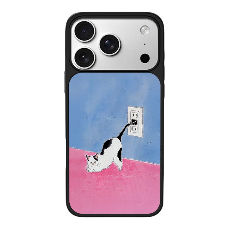 粉蓝墙面插座插尾巴黑白花猫趣味适用苹果17promax新款手机壳iPhone air/16pro/15plus14玻璃13pro手机套冰感