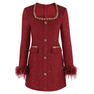 韩语琳 红色小香风羊毛连衣裙女冬季订珠钻链收腰包臀裙圣诞战袍