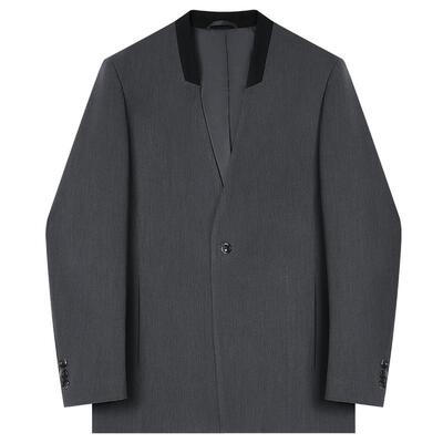 潮流单西拼色无领新中式休闲西服男麻纱宽松小西装国风设计感外套