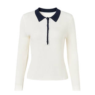 马天奴女装春秋新款撞色翻领修身针织衫长袖毛衫半开襟套头气质女