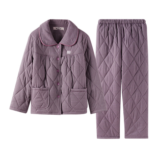 美标秋冬三层加厚夹棉纯棉睡衣套装女咖啡碳格子可外穿全棉家居服