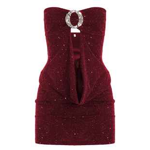 DARLINGAGA性感风蝴蝶结胸型镂空抹胸连衣裙女红色细闪修身包臀裙