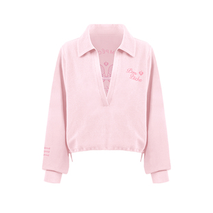 华夫格粉色运动卫衣女新款深V领上衣跑步健身法式网球服PomPeche