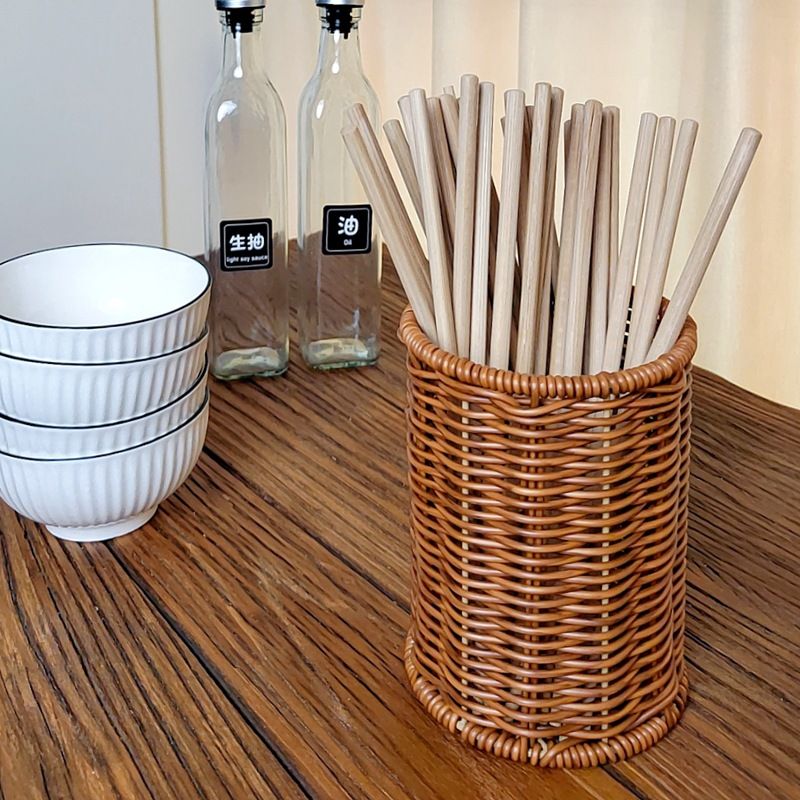 仿藤编塑胶收纳篮带筒篮装饰餐桌提手编织手工有盖篮子调味瓶筷子