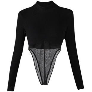 P1US秋冬性感辣妹内搭修身针织衫网纱拼接打底长袖连体上衣毛衣女