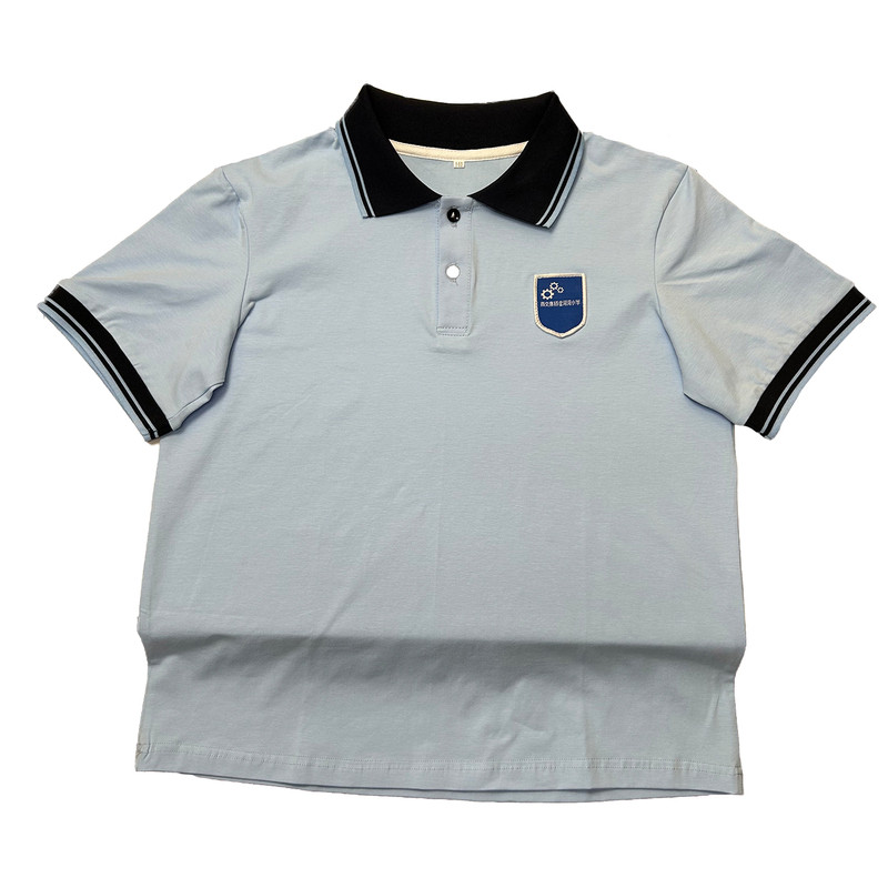西交康桥金河湾小学校服浅蓝色拼黑色翻领夏短袖学生带校徽polo衫