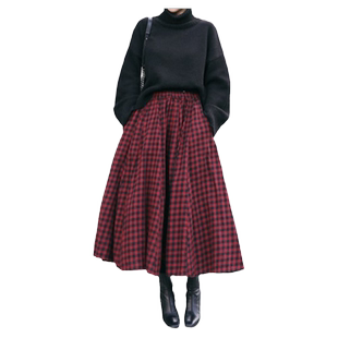 秋冬款复古格子半身裙女韩版宽松显瘦中长款高腰A字裙过膝大摆裙