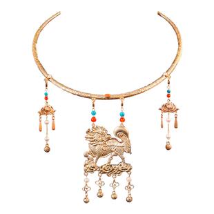 古风狮子吊坠璎珞富贵金宝玉项圈长款明制汉服马面裙女配饰品项链