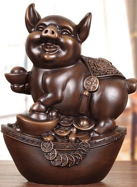 实木招财生肖猪摆件客厅玄关博古架办公室中式装饰福猪手工艺礼品