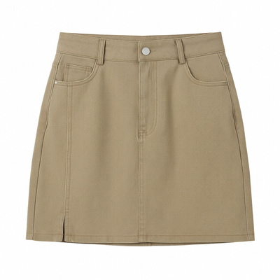 百家好卡其色高腰A字牛仔半身裙