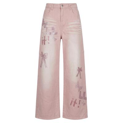 TCH甜酷少女风烫钻字母牛仔裤女显瘦百搭渐变粉阔腿裤T78A20E1247