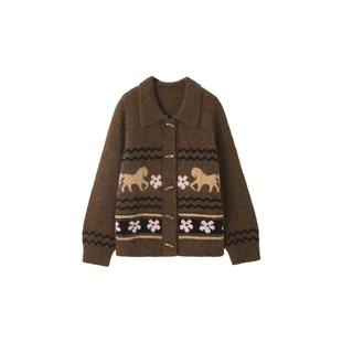 时然大码复古撞色针织衫宽松毛衣上衣新款冬装胖mm女装开衫外套