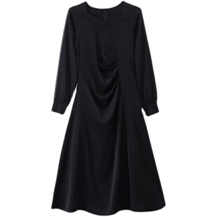 春秋黑色方领雪纺连衣裙女长袖2025新款春装气质收腰显瘦遮肚长裙
