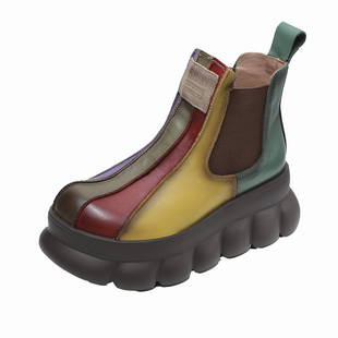 牛皮新款超火厚底拼色烟筒靴女款真皮2026冬女式休闲妈妈皮靴软底