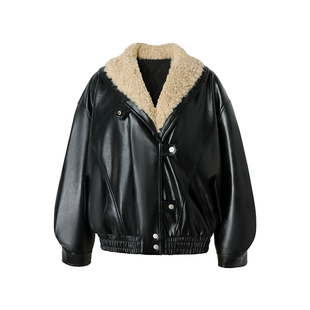 【黑巧少女】Uena美式复古黑色毛边翻领PU皮衣长款宽松棉服外套女