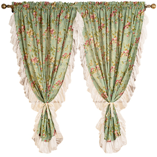 美式荷叶边碎花窗帘绿色棉麻半帘卧室飘窗法式复古田园风厨房门帘