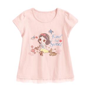 日系新款女童全棉T恤卡通公主短袖带裙摆外贸衣服儿童印花上衣