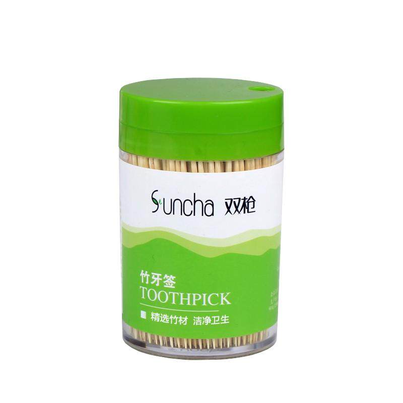 双枪牙签家用一次性双头尖高档竹制牙剔牙神器商用盒装筒装水果签