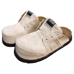 磨砂牛皮松糕厚底大头勃肯鞋女复古真皮做旧一脚蹬懒人包头半拖鞋